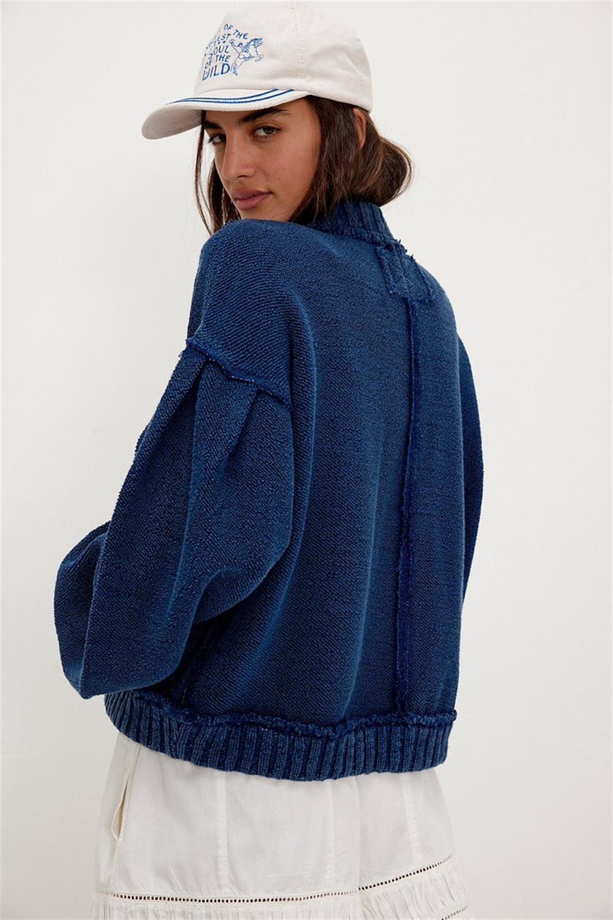 Eskitme Detaylı Vintage Örme Lacivert Hırka 