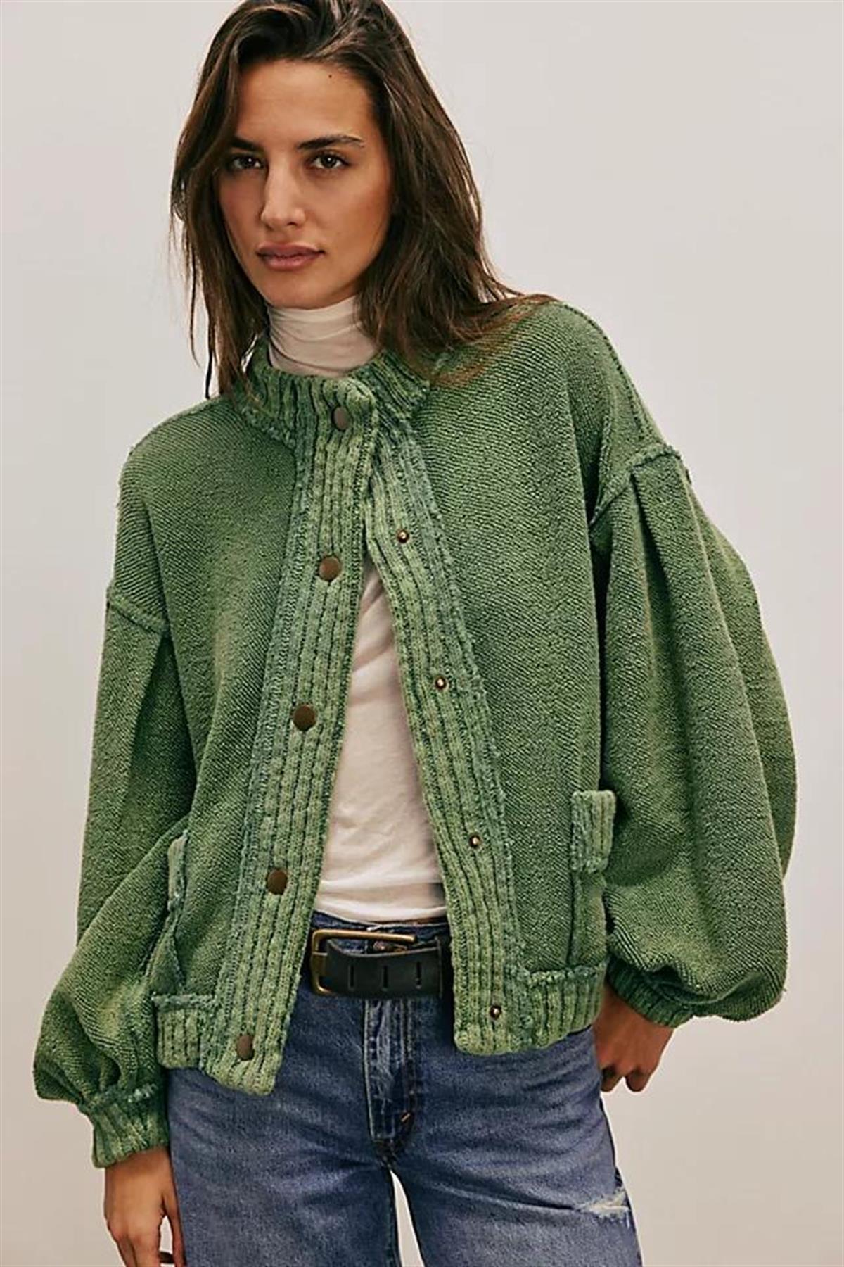 Eskitme Detaylı Vintage Örme Yeşil Hırka 