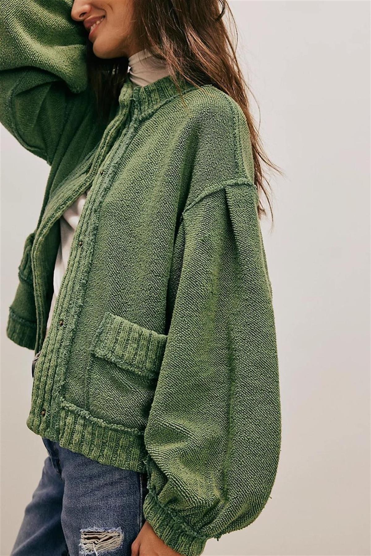 Eskitme Detaylı Vintage Örme Yeşil Hırka 