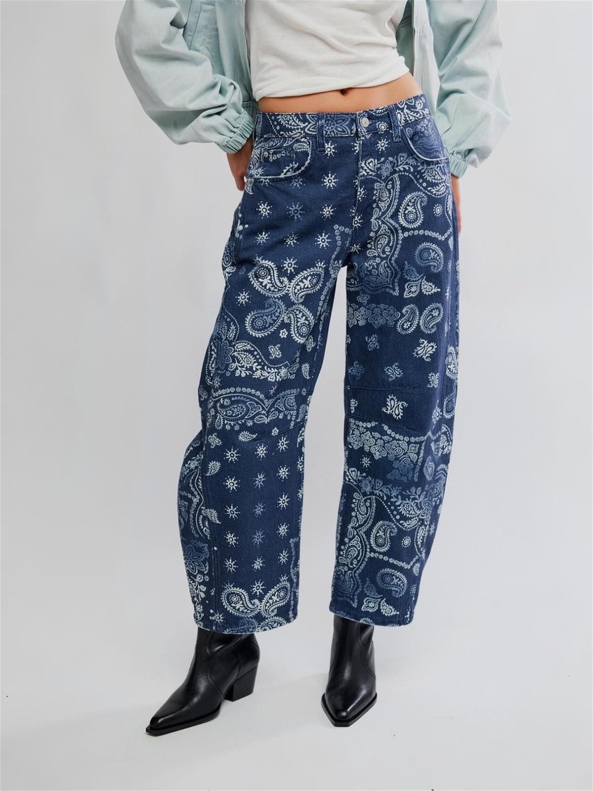 Etnik Desen Baskılı Barrel Jean 