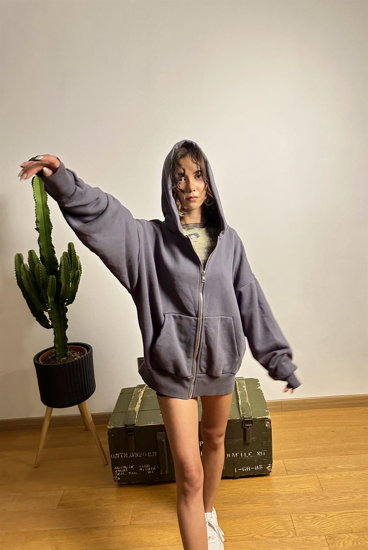 Fermuarlı Oversize sweatshirt Lacivert