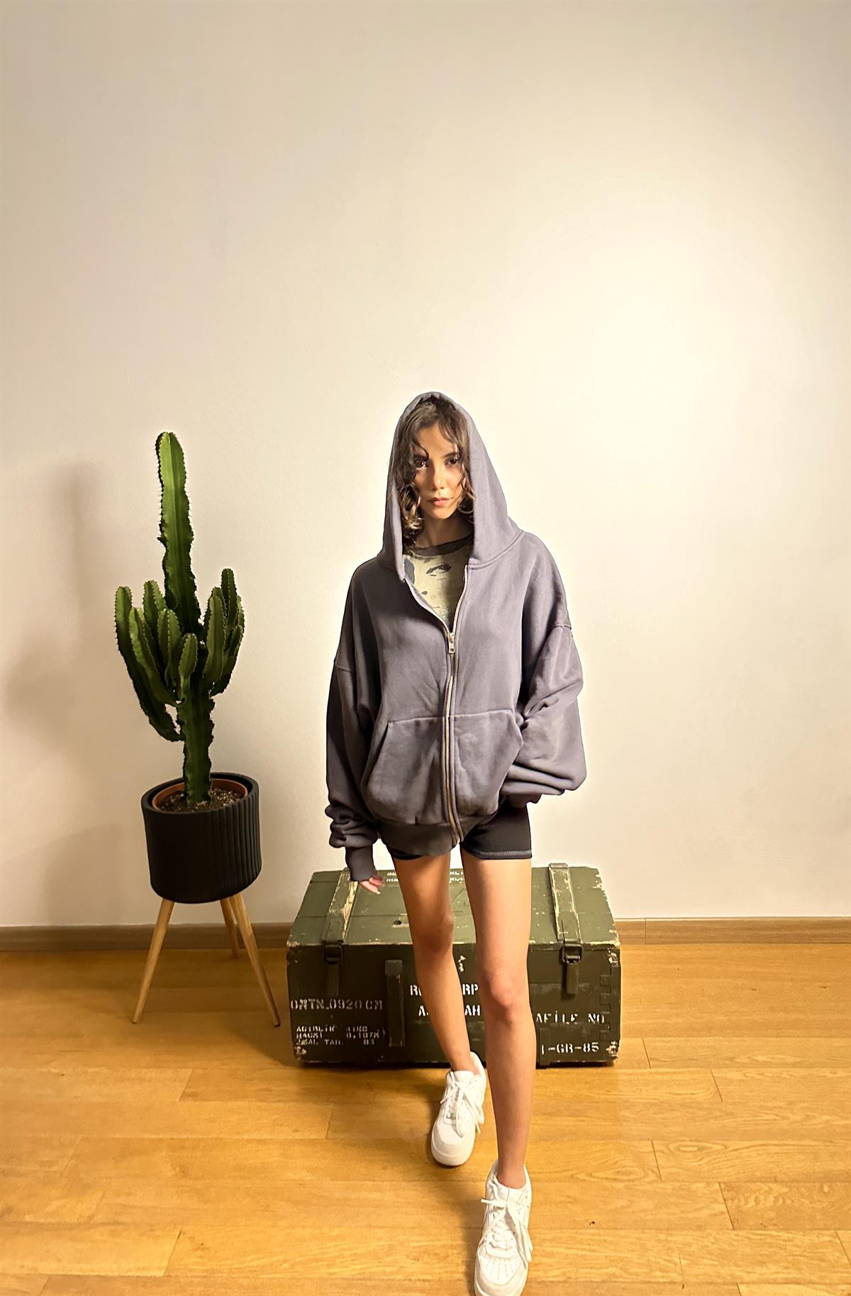 Fermuarlı Oversize sweatshirt Lacivert