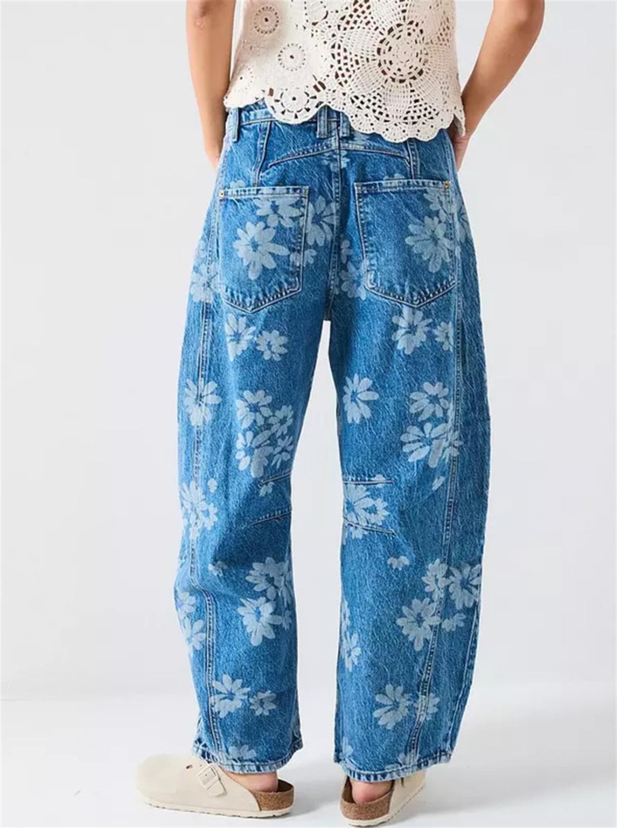 Koyu Lacivert Çiçek Baskılı Barrel Jean