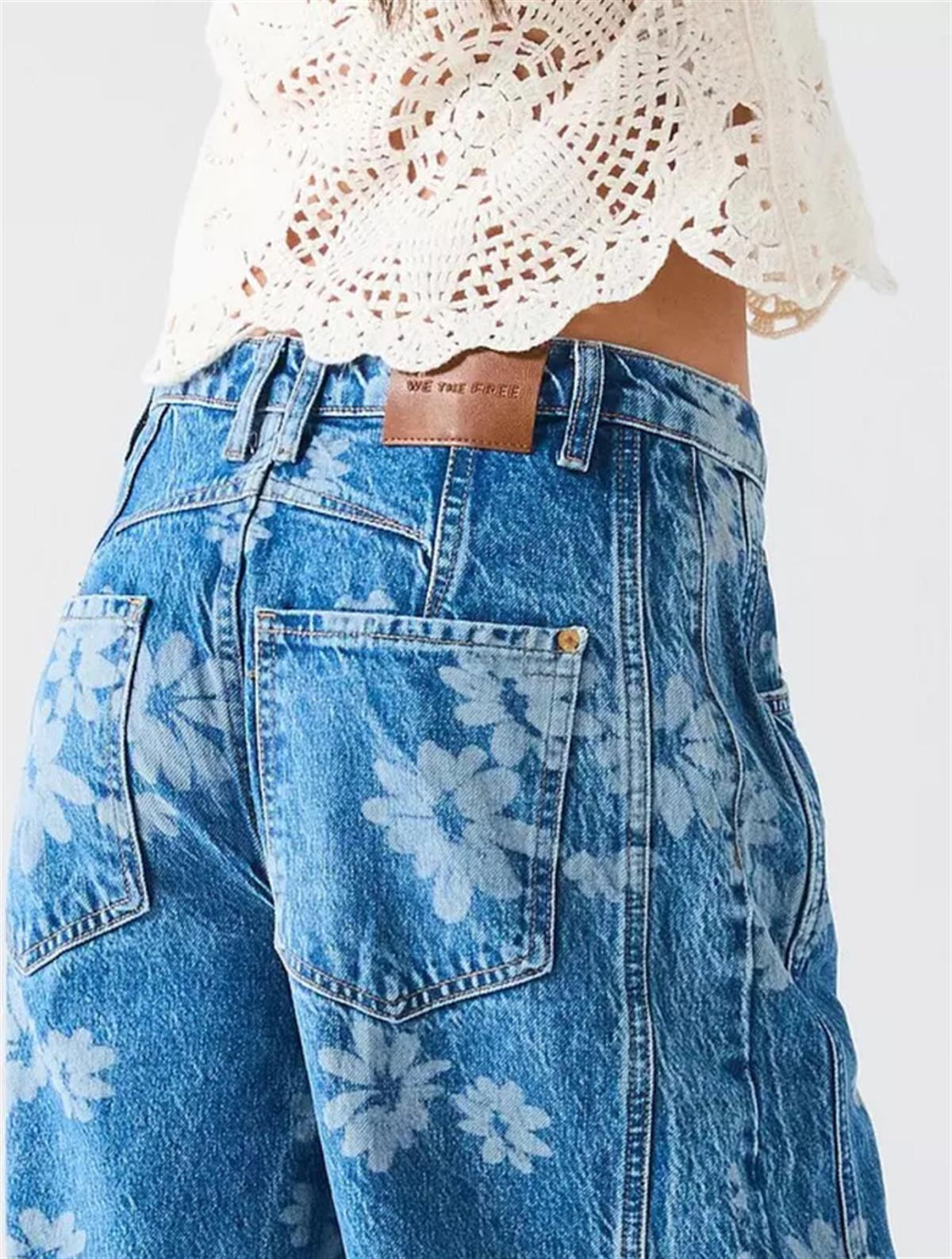 Koyu Lacivert Çiçek Baskılı Barrel Jean