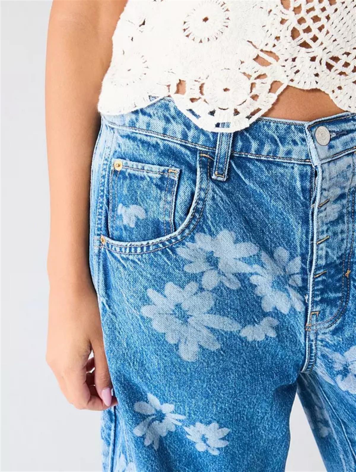 Koyu Lacivert Çiçek Baskılı Barrel Jean