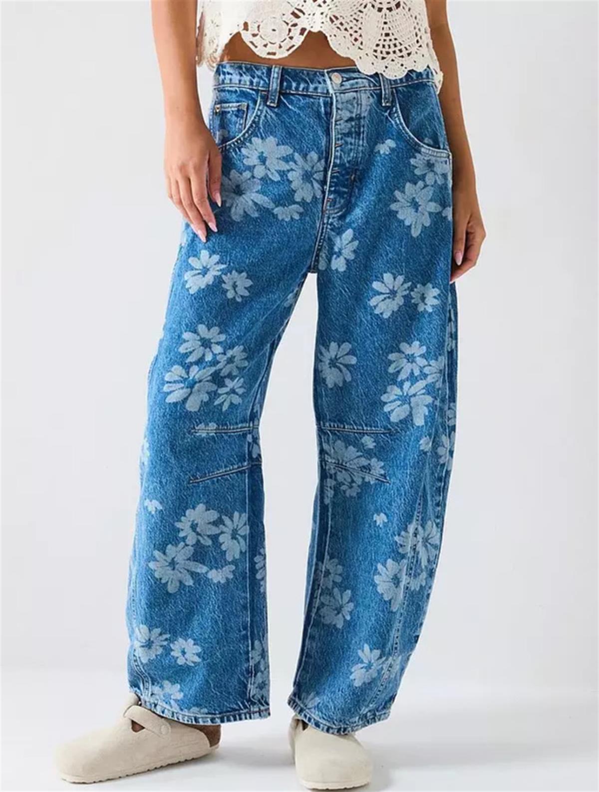 Koyu Lacivert Çiçek Baskılı Barrel Jean