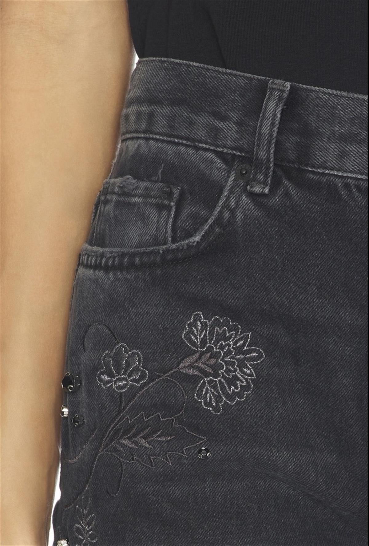 Nakış ve Boncuk İşleme Detaylı Antrasit Jean