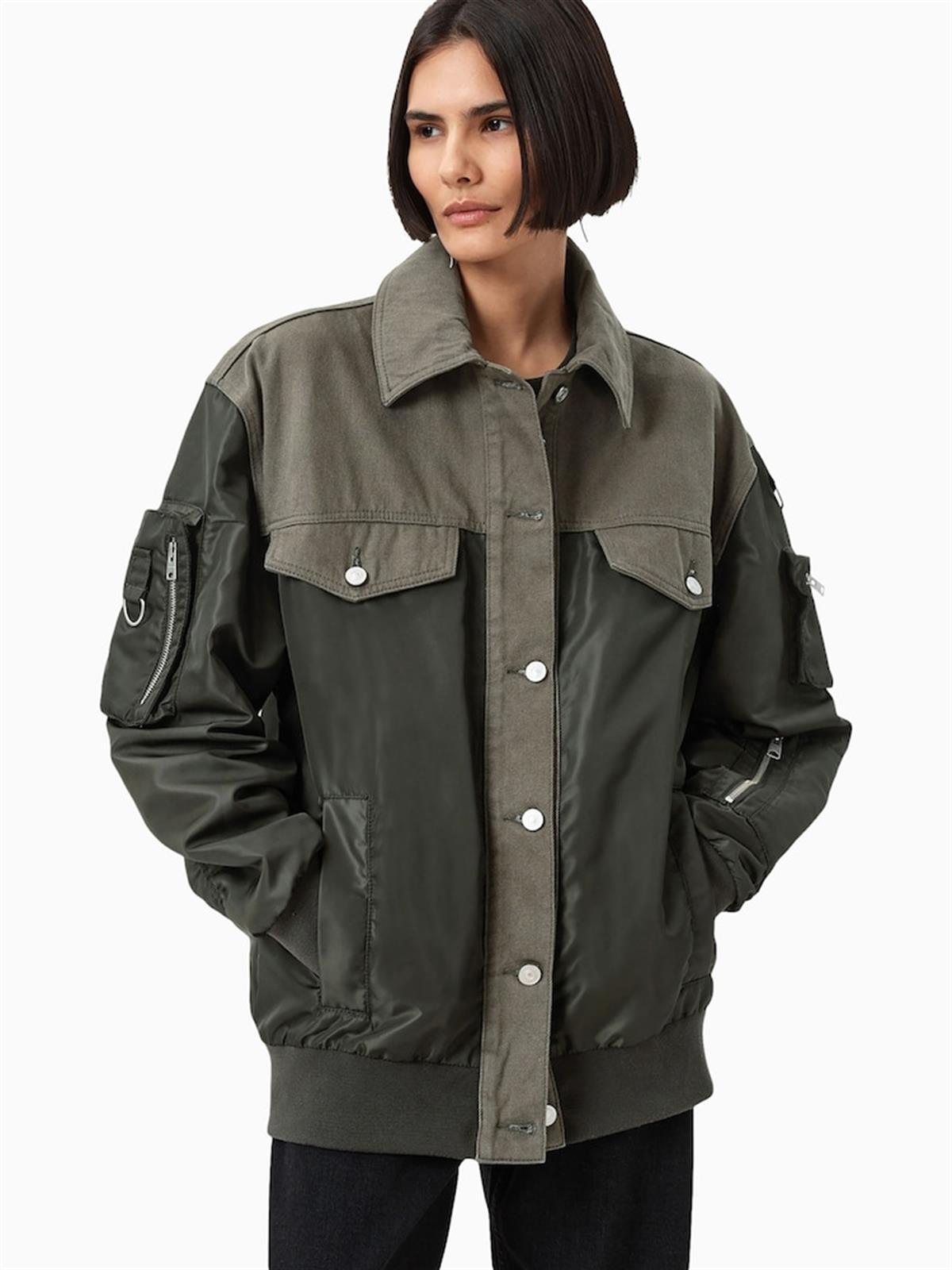 Haki Bomber Kol Detaylı Oversize Ceket