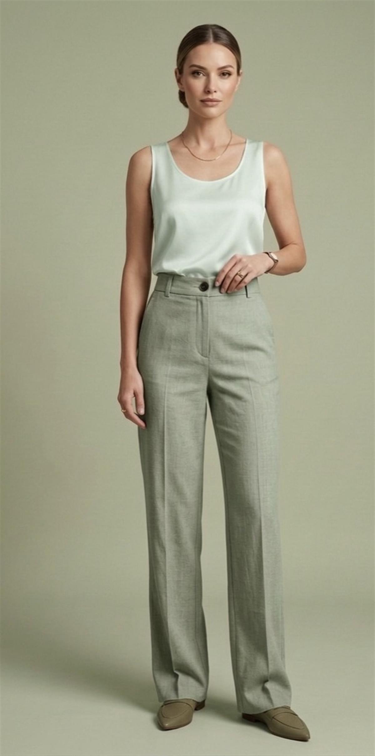 Haki Keten Yüksek Bel Palazzo Pantolon