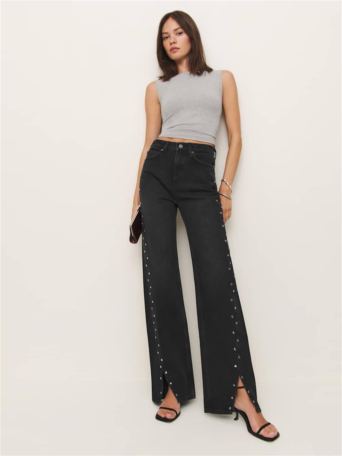 Siyah High Waisted Zımba Detaylı Wide Leg Jean