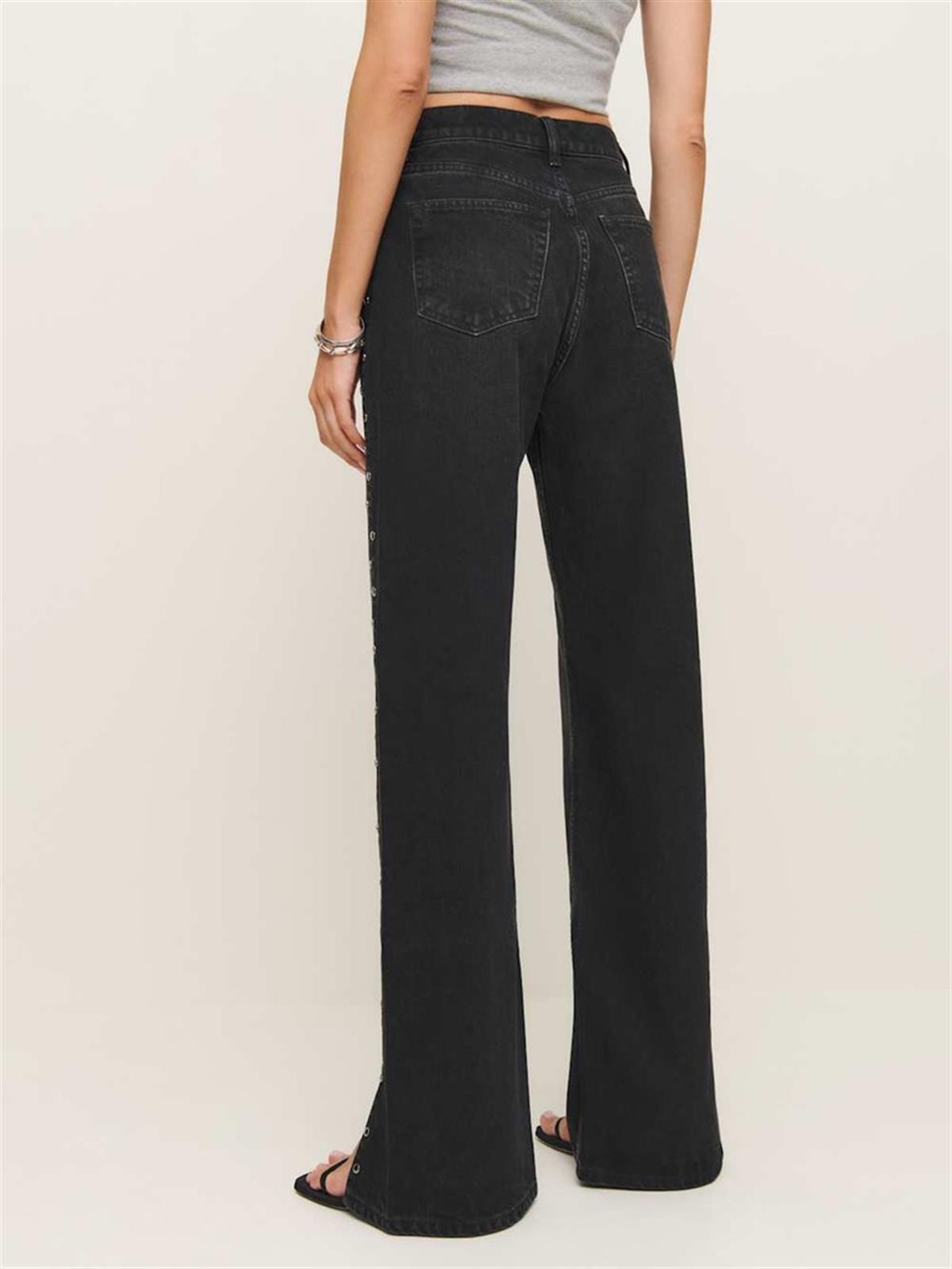 Siyah High Waisted Zımba Detaylı Wide Leg Jean