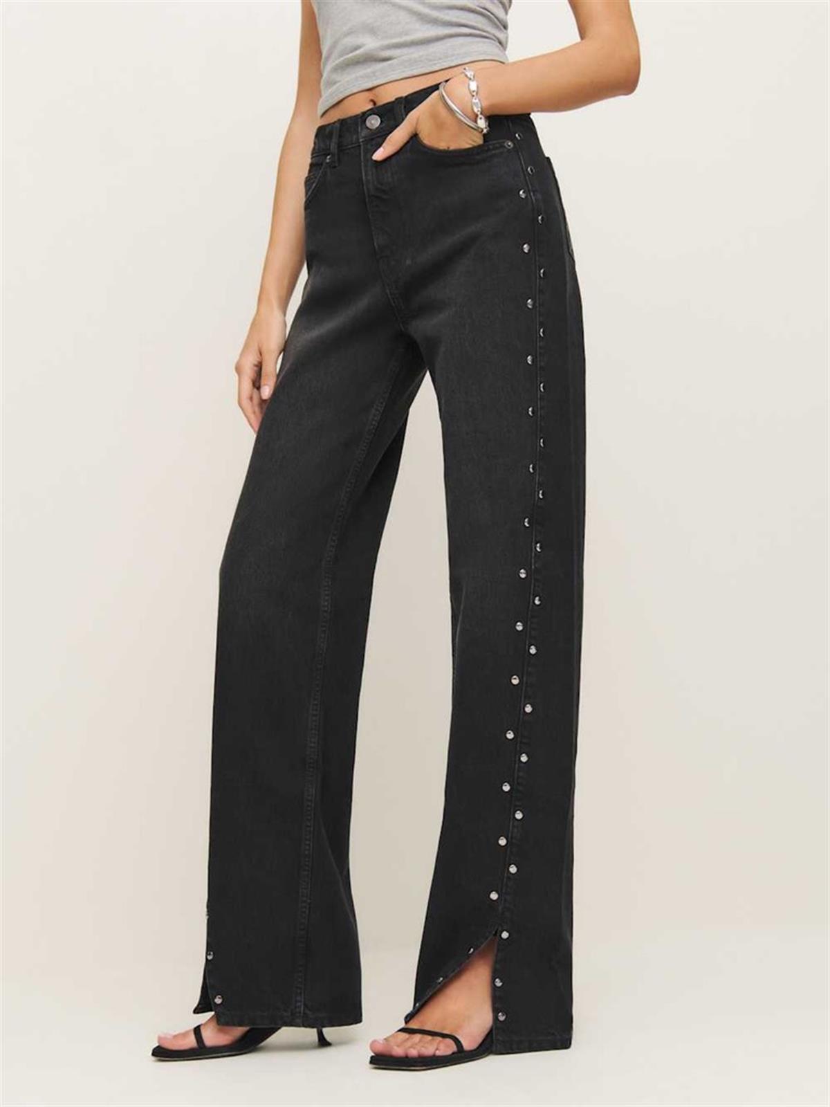 Siyah High Waisted Zımba Detaylı Wide Leg Jean