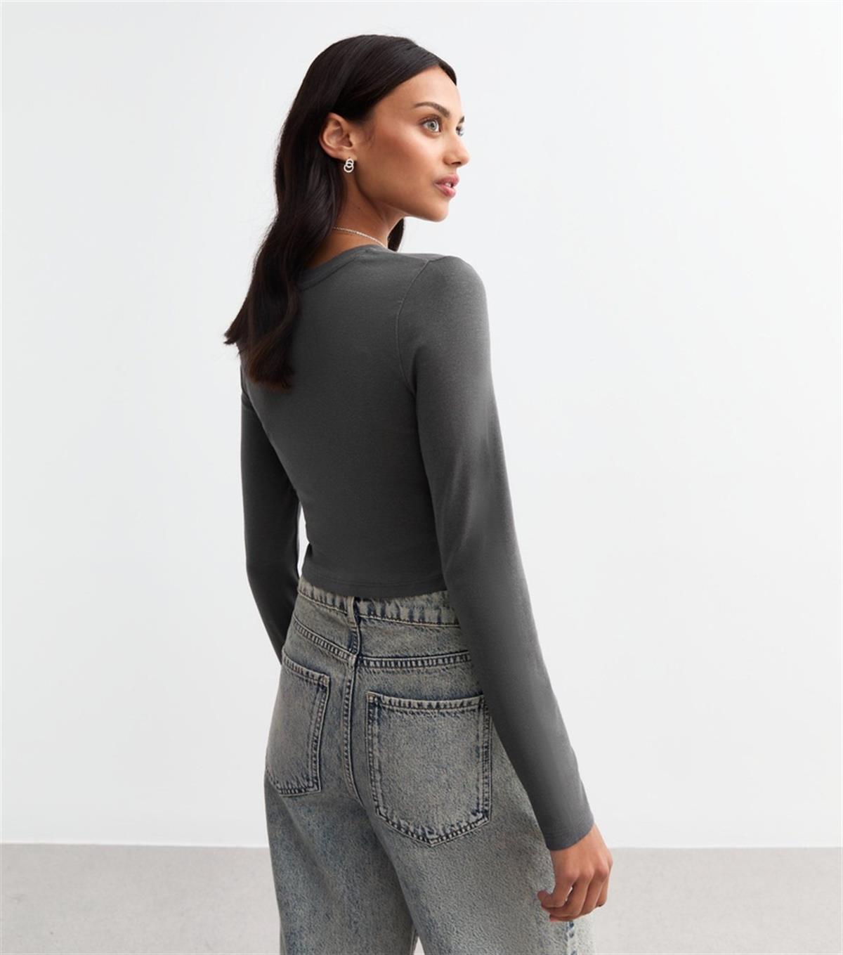 Antrasit Yumuşak Dokulu Crop Bluz