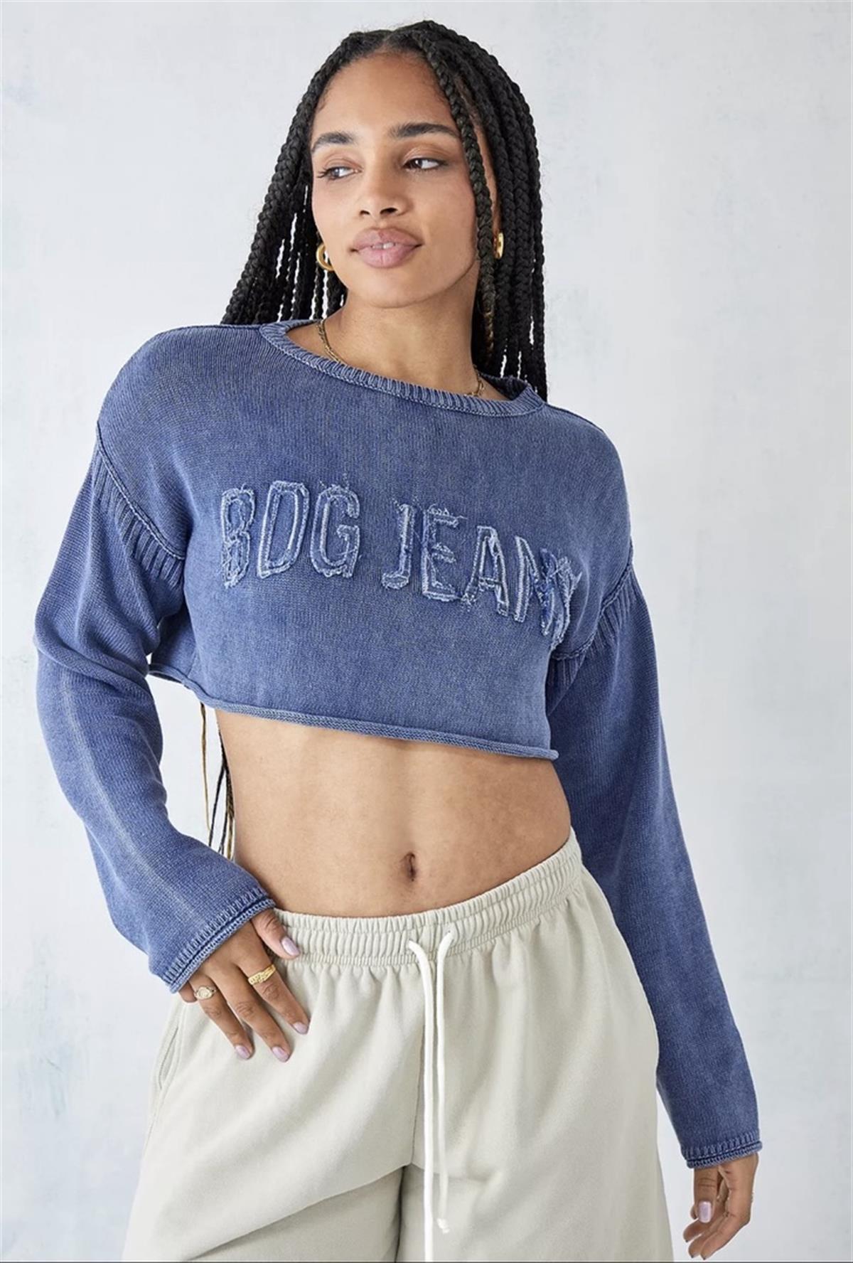 İthal Marka Baskılı Eskitme Detaylı Crop Triko