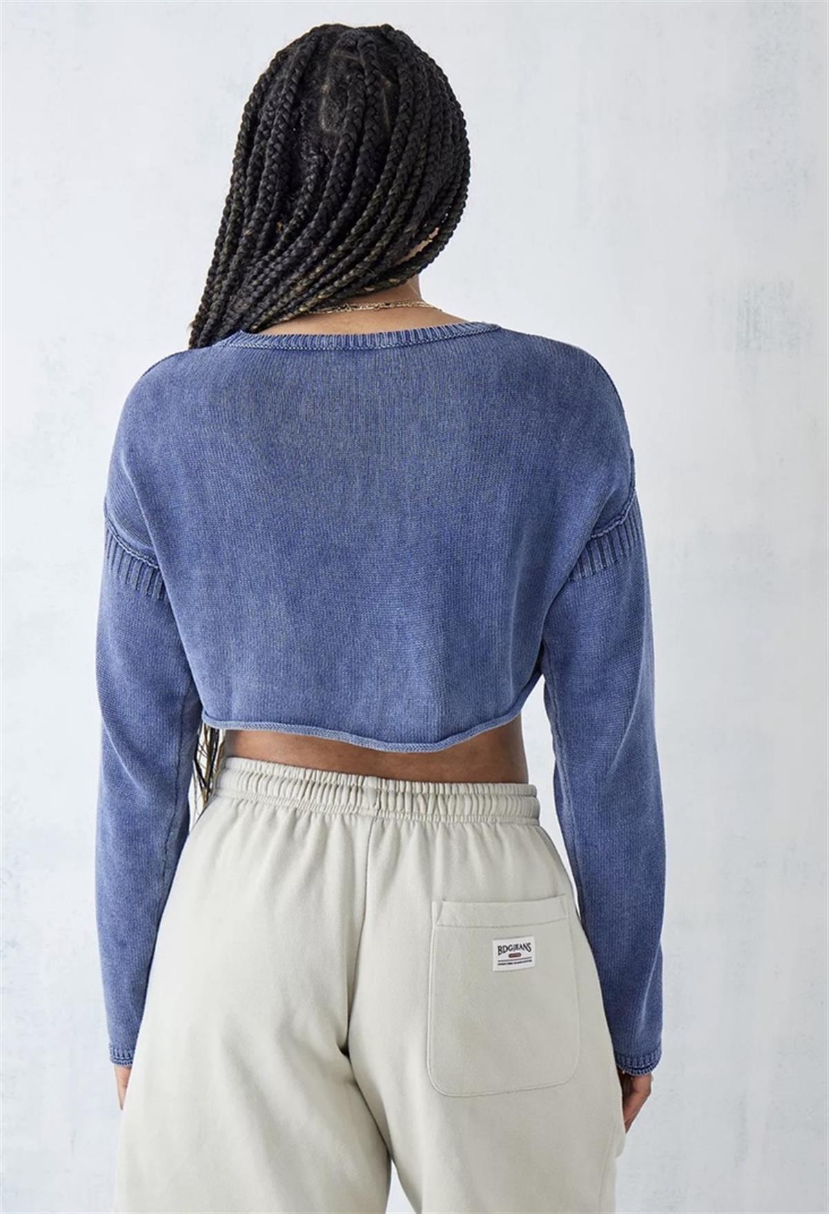 İthal Marka Baskılı Eskitme Detaylı Crop Triko