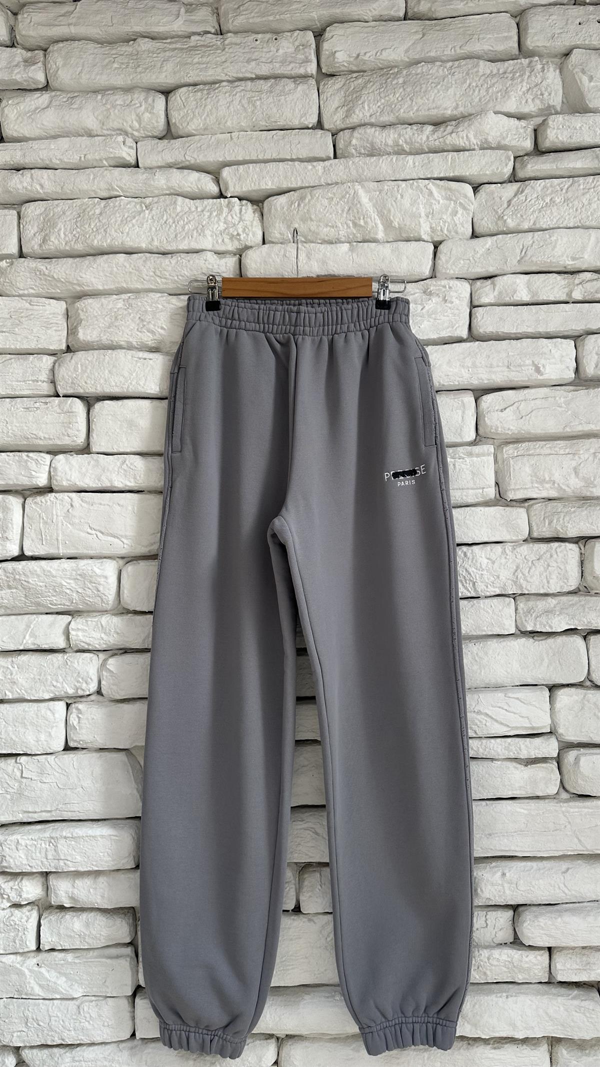 İthal Marka Baskılı Lastikli Cep Detaylı Gri Eşofman 