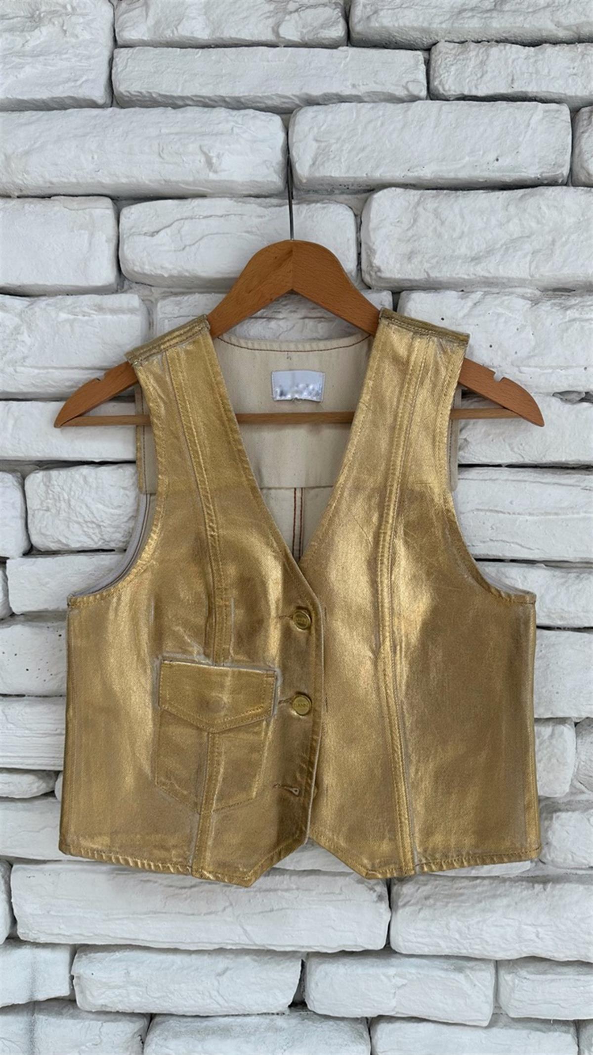 İthal Marka Gold Metalik Yansımalı Crop Yelek