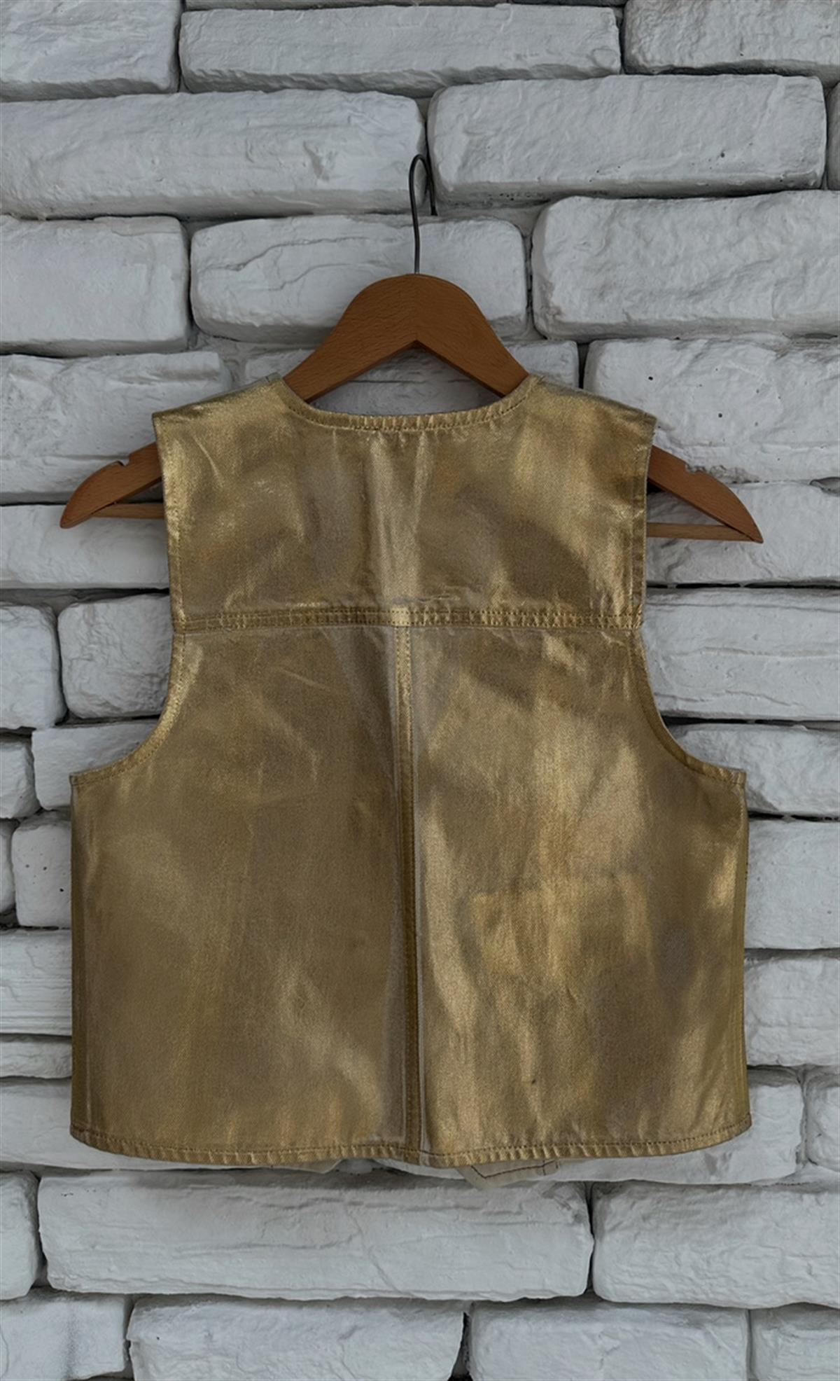 İthal Marka Gold Metalik Yansımalı Crop Yelek