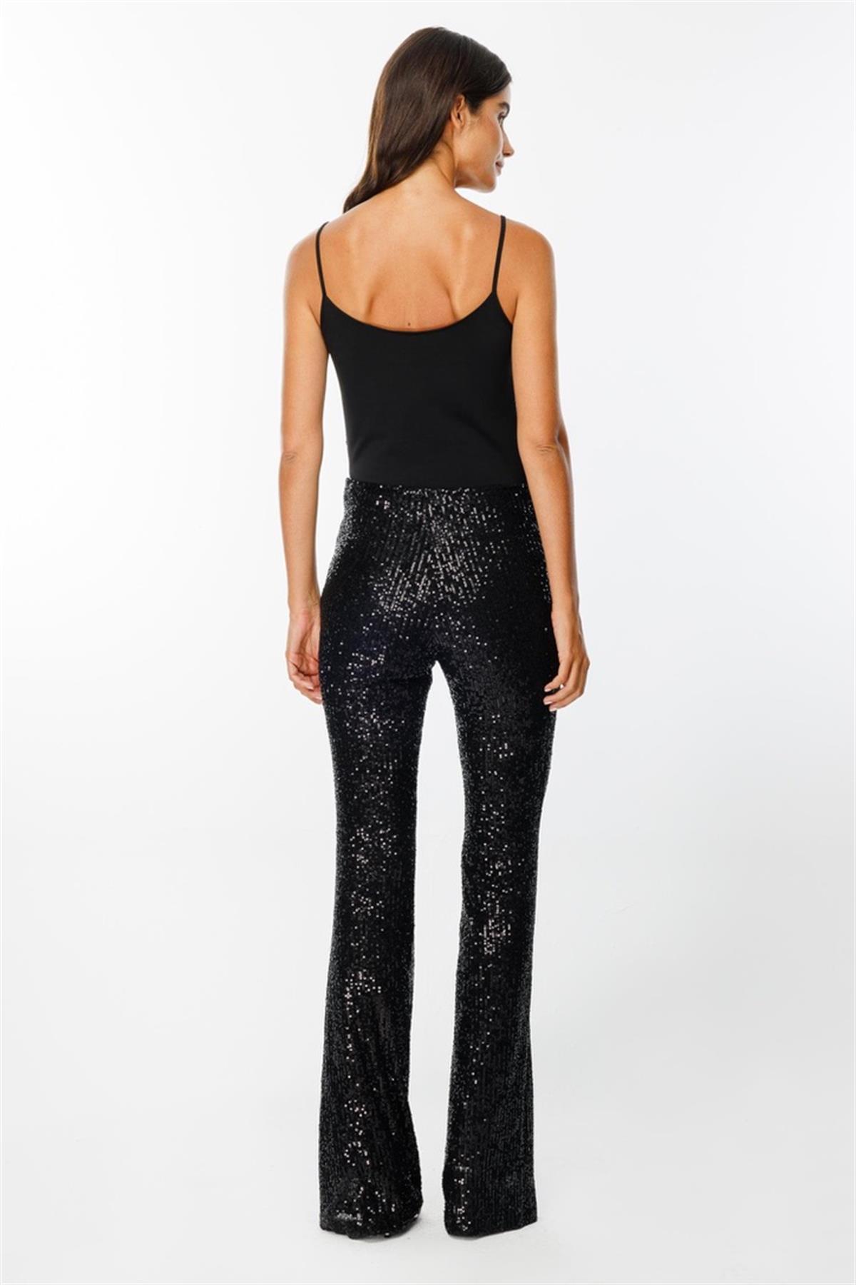 İthal Siyah Pul İşlemeli Siyah Pantolon