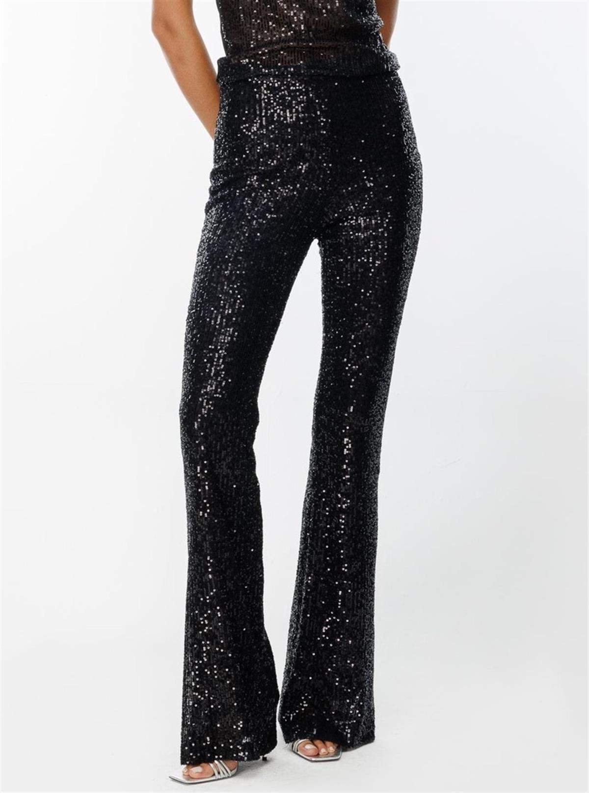 İthal Siyah Pul İşlemeli Siyah Pantolon