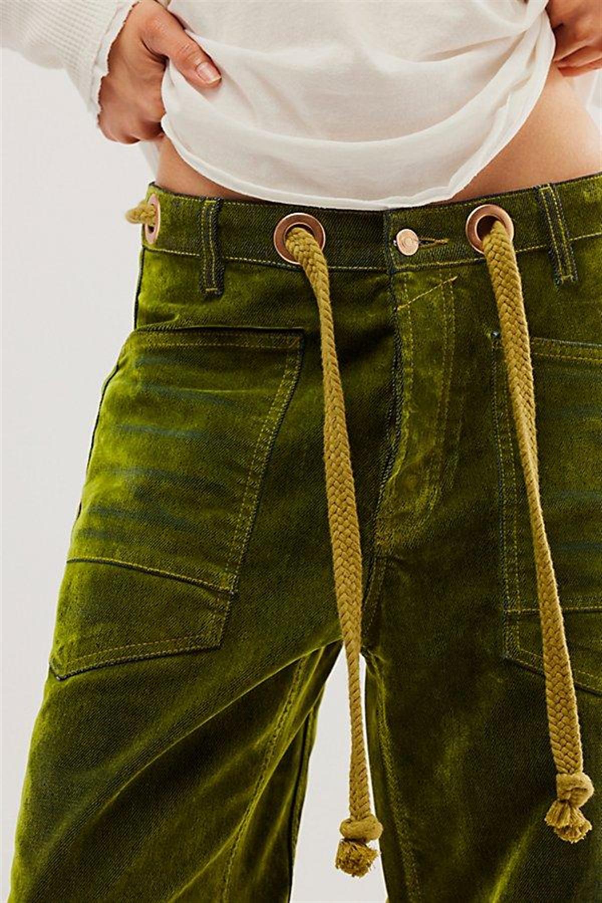 Yeşil Kadife Bel Detaylı Barrel Fit Jean
