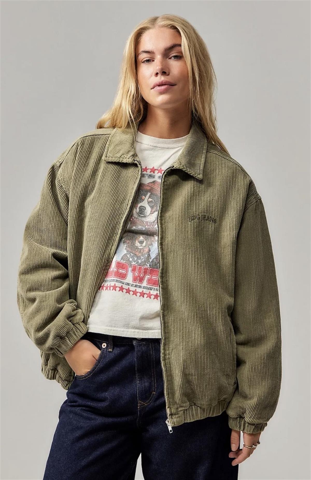 Su Yeşili Kadife Fitili Desenli Unisex Ceket