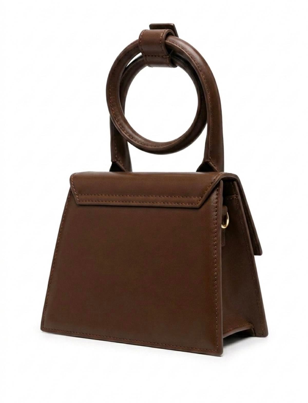 Kahverengi Asimetrik Deri Mini Boy El - Omuz Çantası