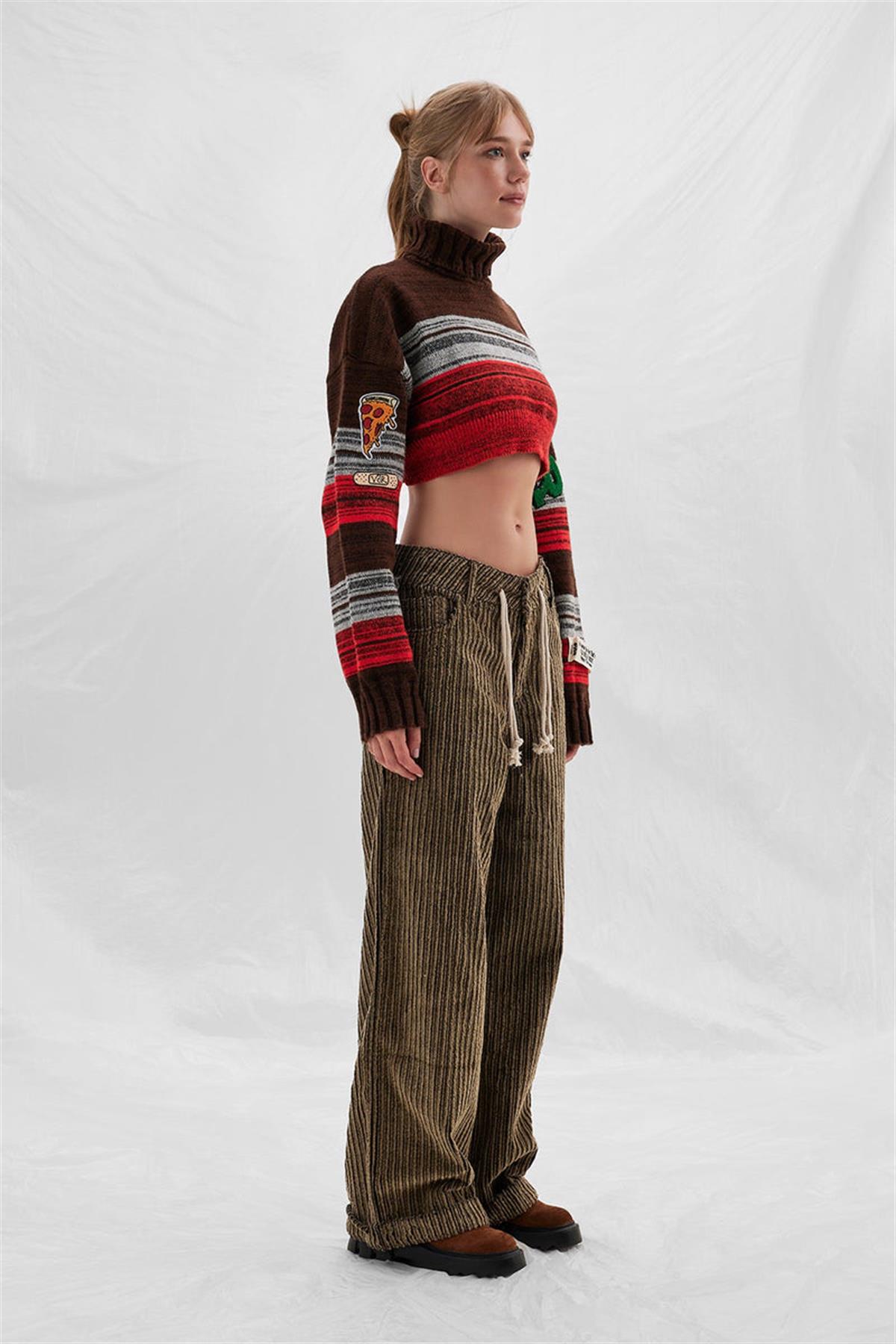 Kahverengi Kadife Fitilli Süs Bağcıklı Pantolon