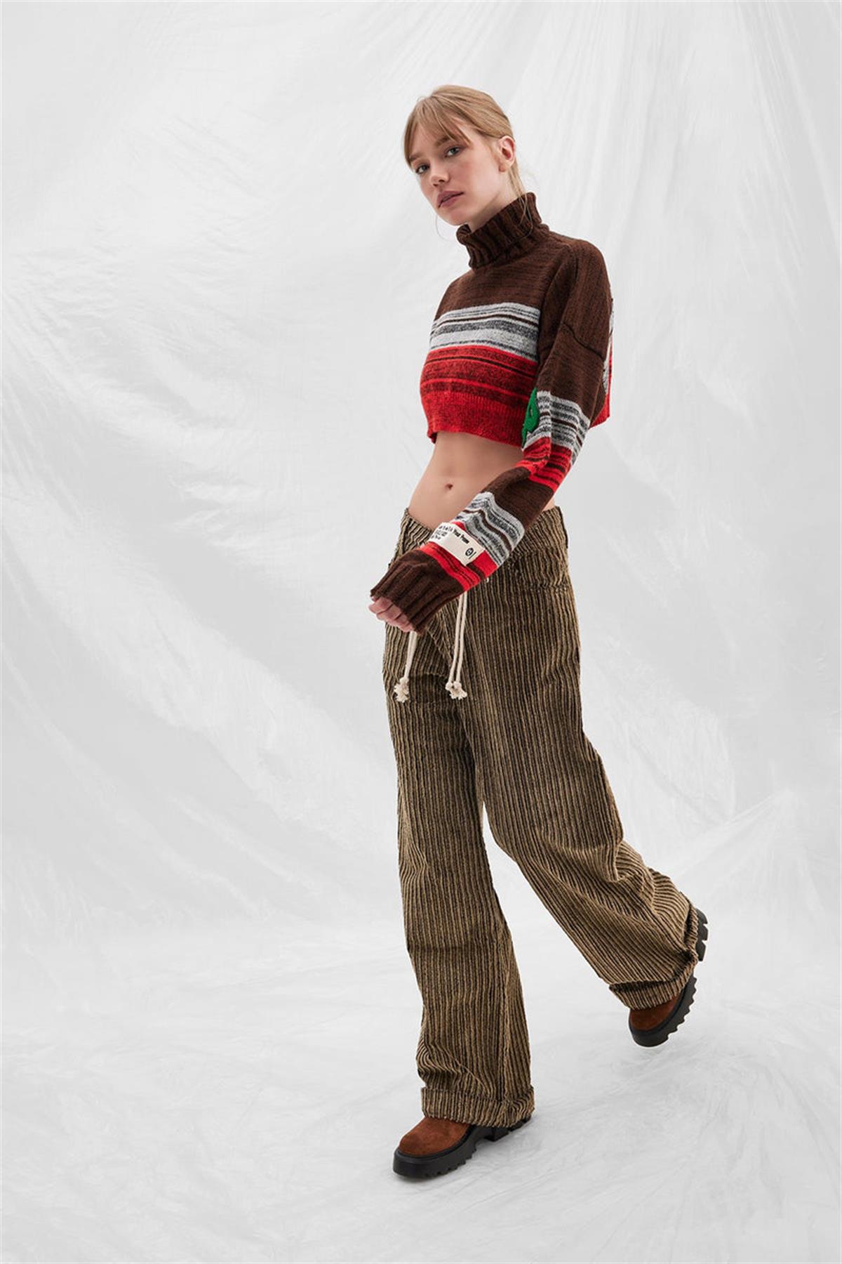 Kahverengi Kadife Fitilli Süs Bağcıklı Pantolon
