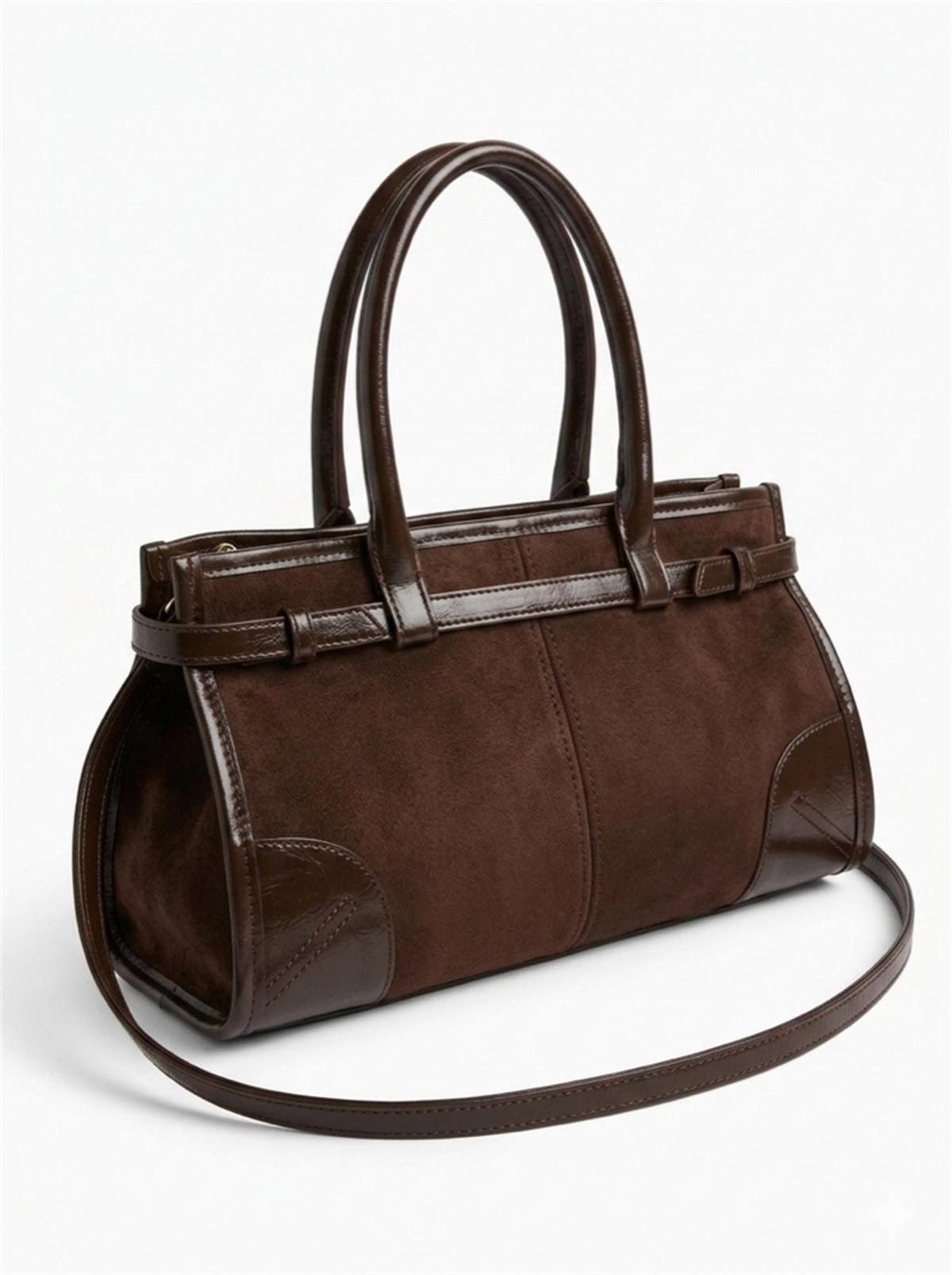 Kahverengi Süet Deri Detaylı Orta Boy El Çantası