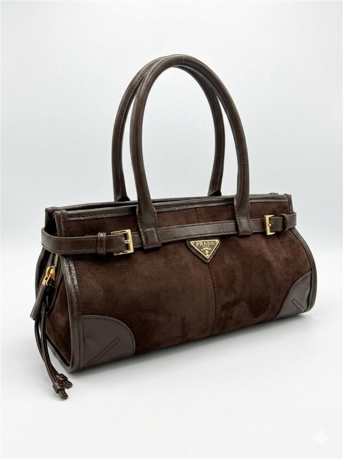 Kahverengi Süet Deri Detaylı Orta Boy El Çantası