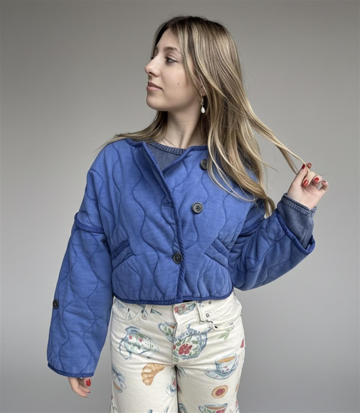 Kapitone Dokulu Organik Kumaş Mavi Ceket