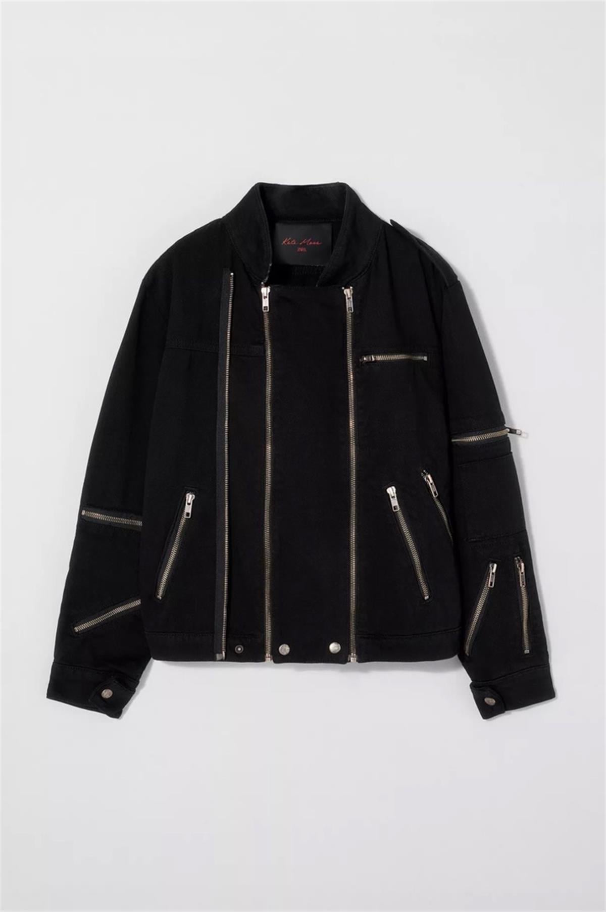 Kate Moss Antrasit Fermuar Detaylı Siyah Kot Ceket