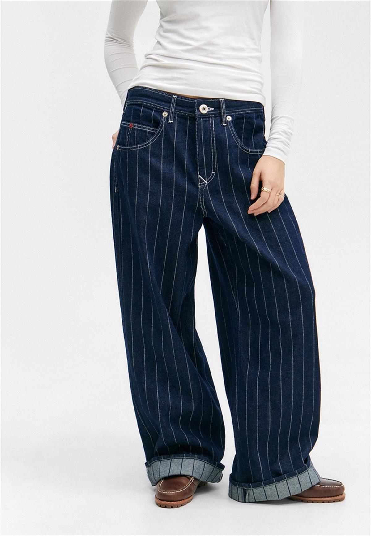 Lacivert Dikiş Detaylı Oversize Barrel Jean