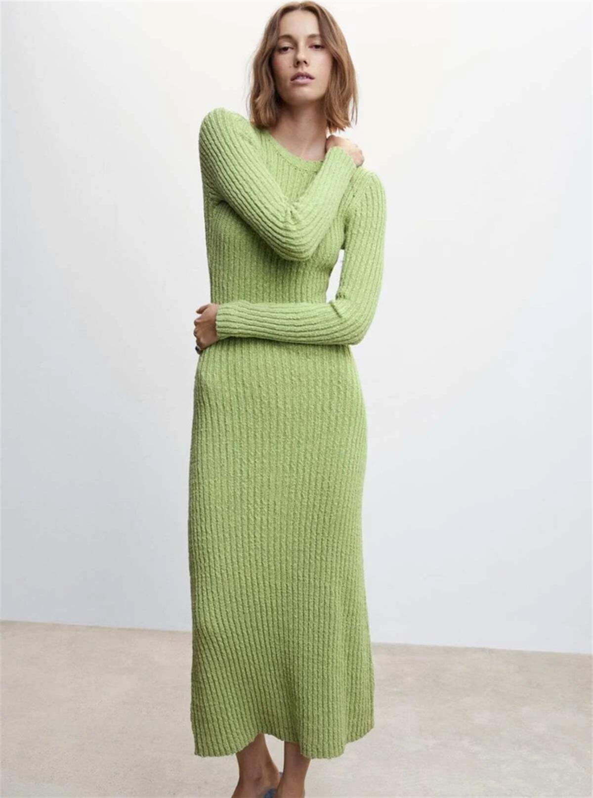  Fıstık Yeşili Maxi Boy Triko Elbise