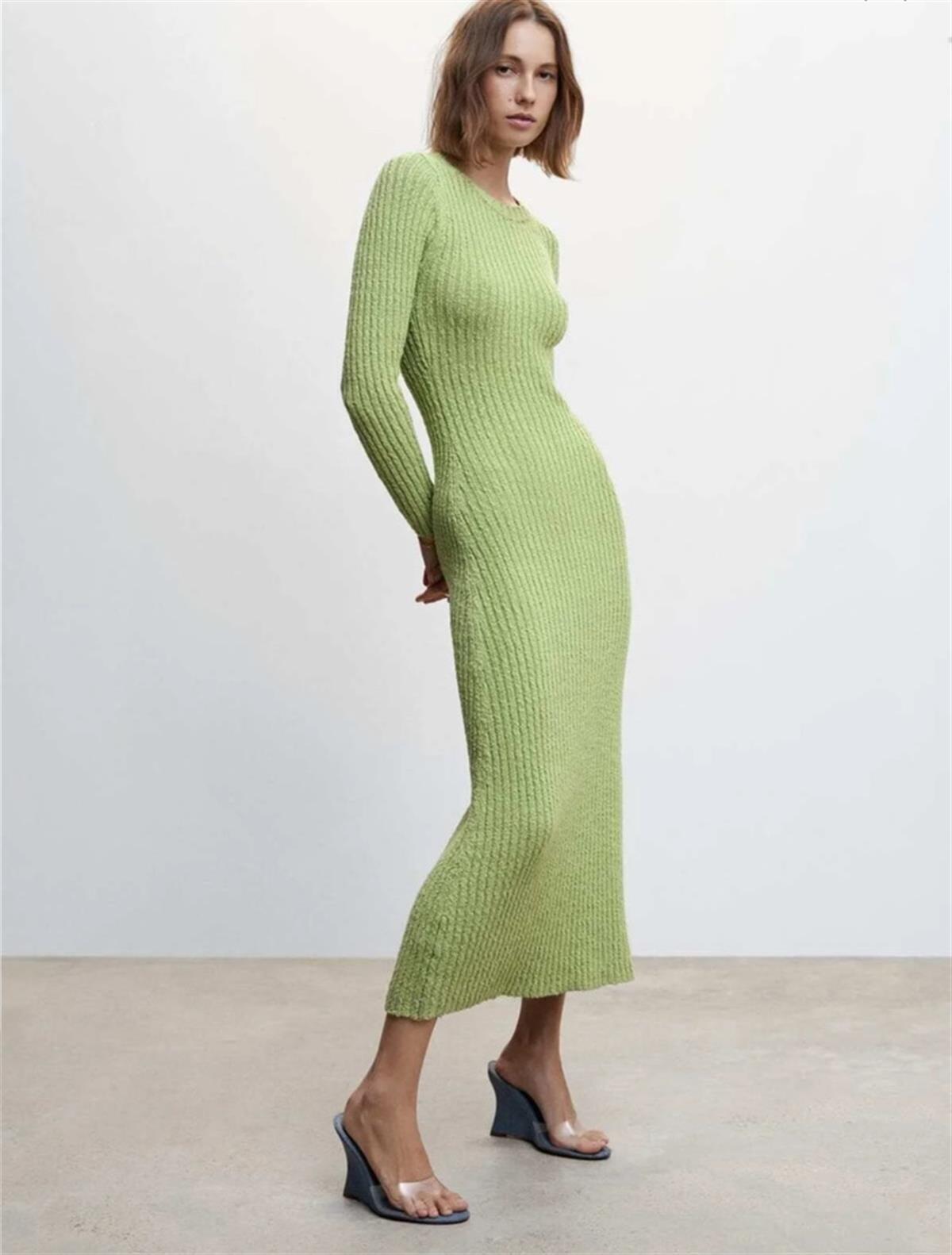  Fıstık Yeşili Maxi Boy Triko Elbise