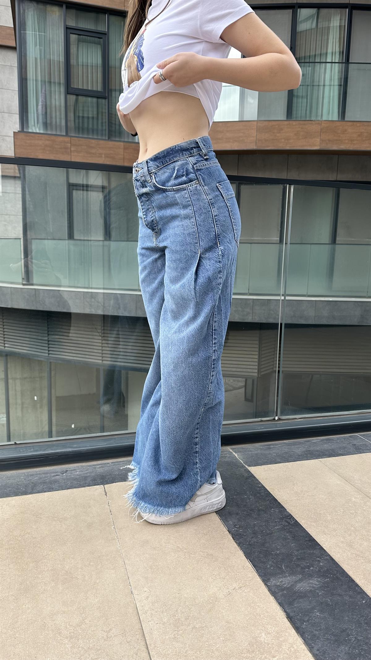 Organik Kumaş Mavi Renk Palazzo Jean