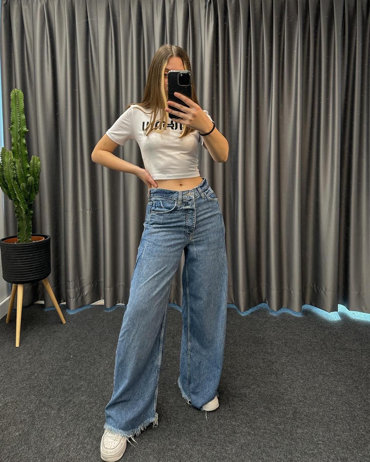 Organik Kumaş Mavi Renk Palazzo Jean