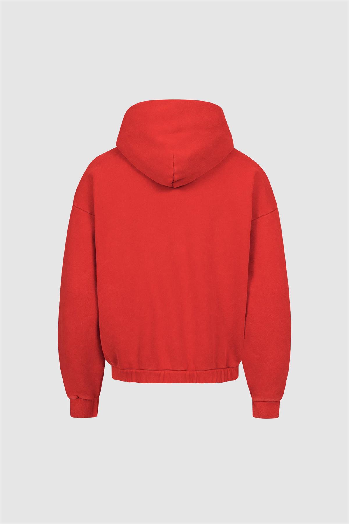 Oversize Kalın Organik Kumaş Kırmızı Fermuarlı Sweatshirt