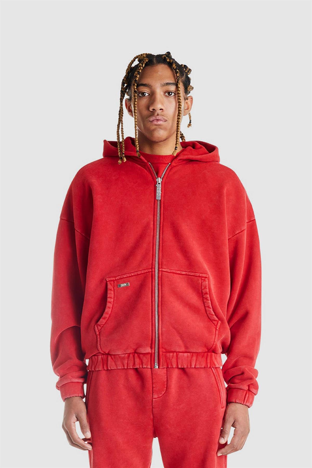 Oversize Kalın Organik Kumaş Kırmızı Fermuarlı Sweatshirt