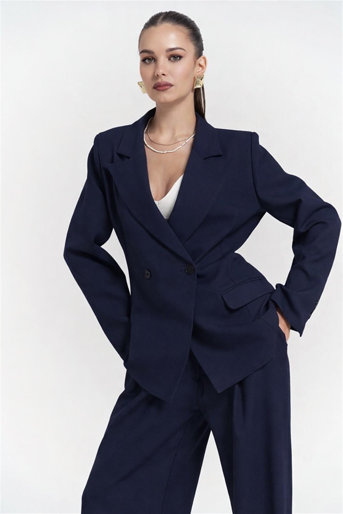 Lacivert Oversize Kruvaze Yaka Blazer Ceket