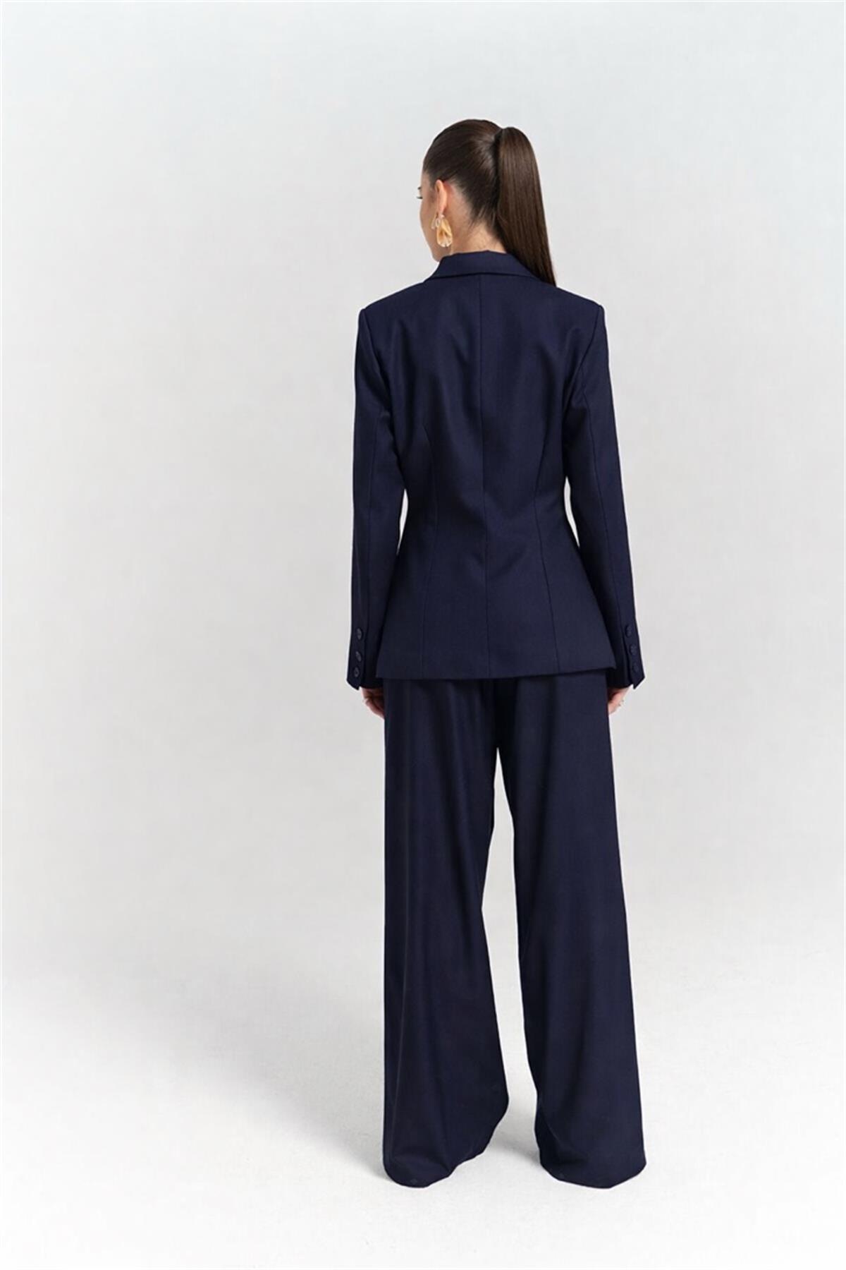 Lacivert Oversize Kruvaze Yaka Blazer Ceket