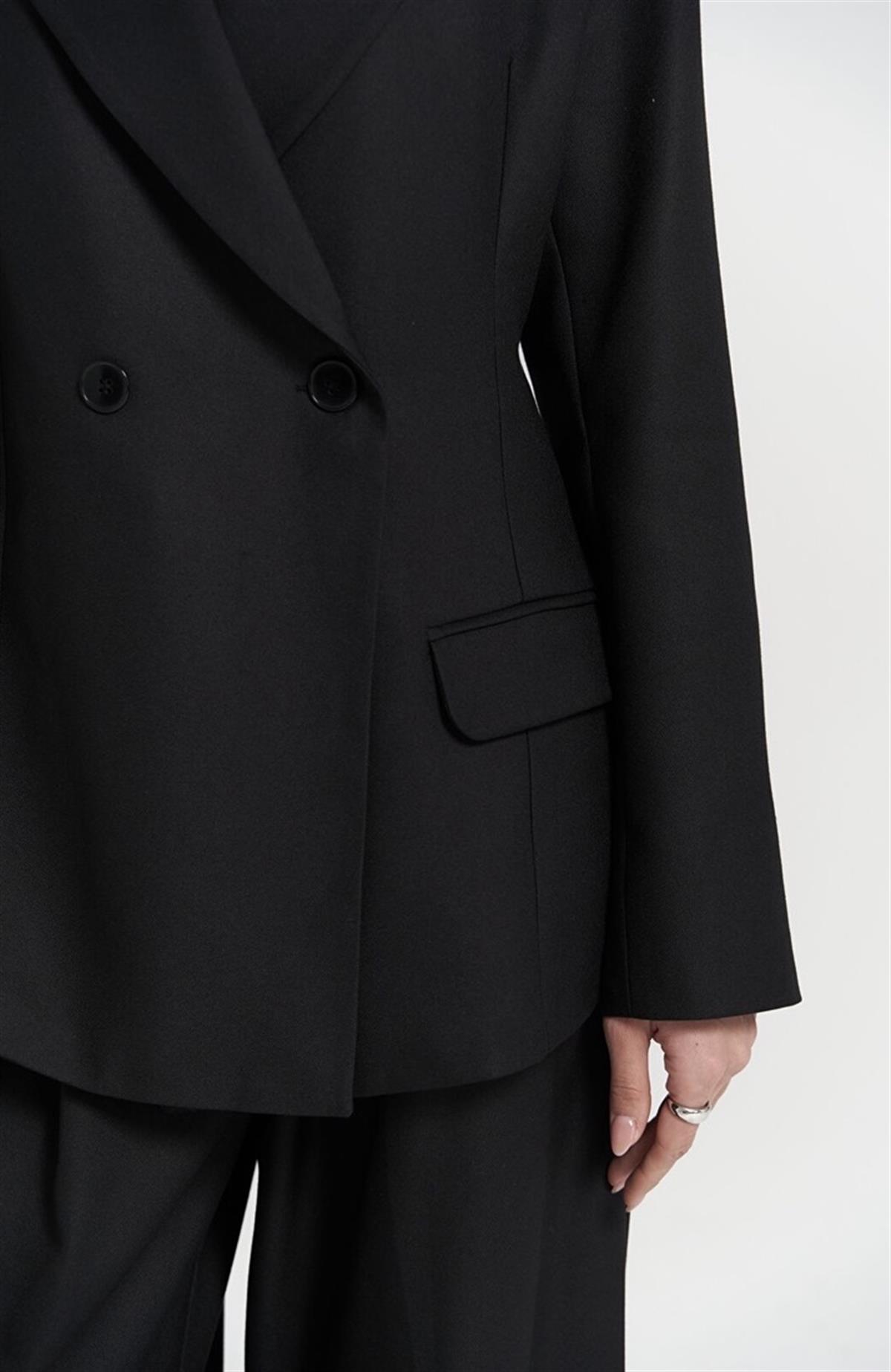 Siyah Oversize Kruvaze Yaka Blazer Ceket