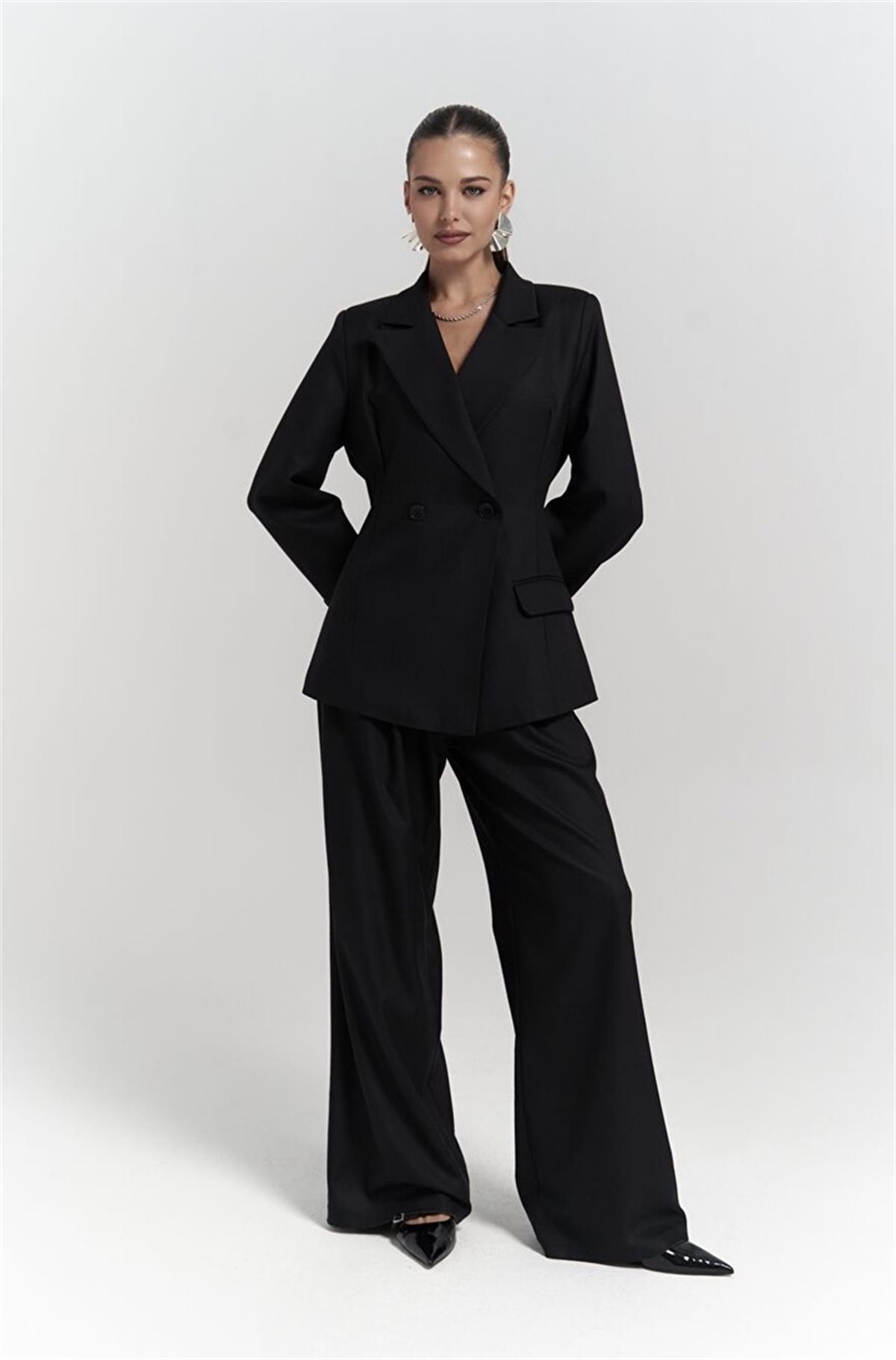 Siyah Oversize Kruvaze Yaka Blazer Ceket