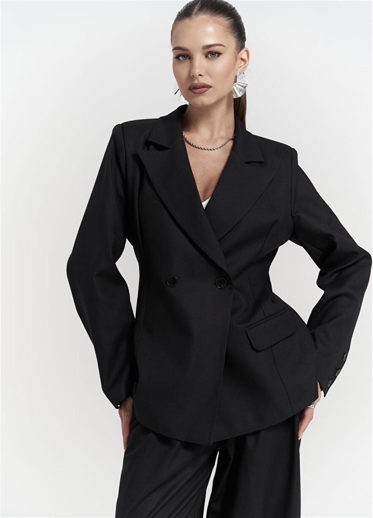 Siyah Oversize Kruvaze Yaka Blazer Ceket