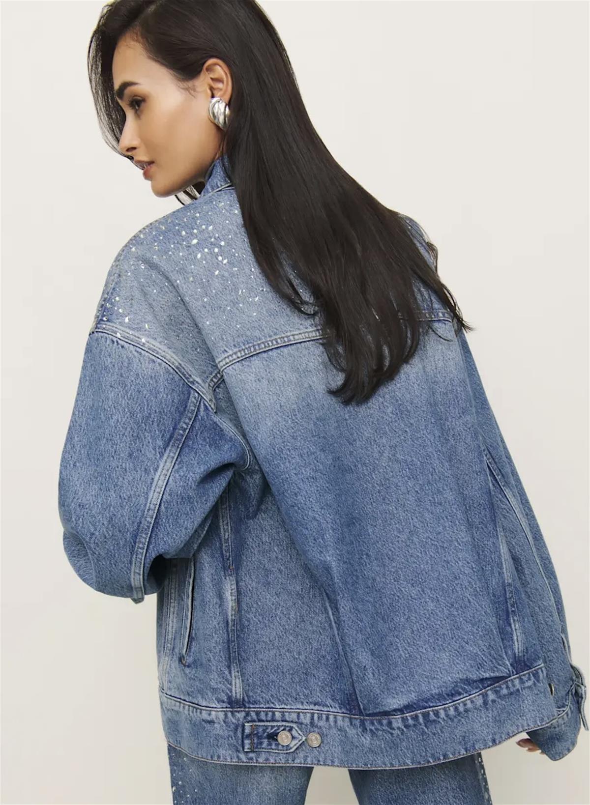 Oversize Taş İşlemeli Mavi Jean Ceket