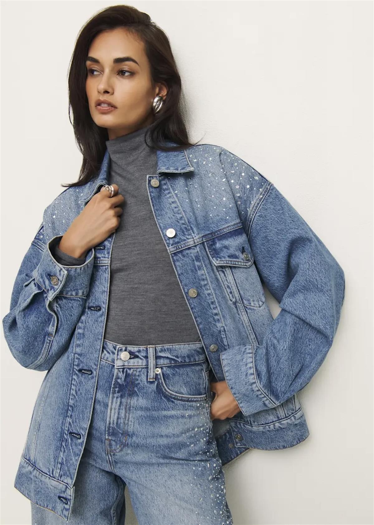 Oversize Taş İşlemeli Mavi Jean Ceket