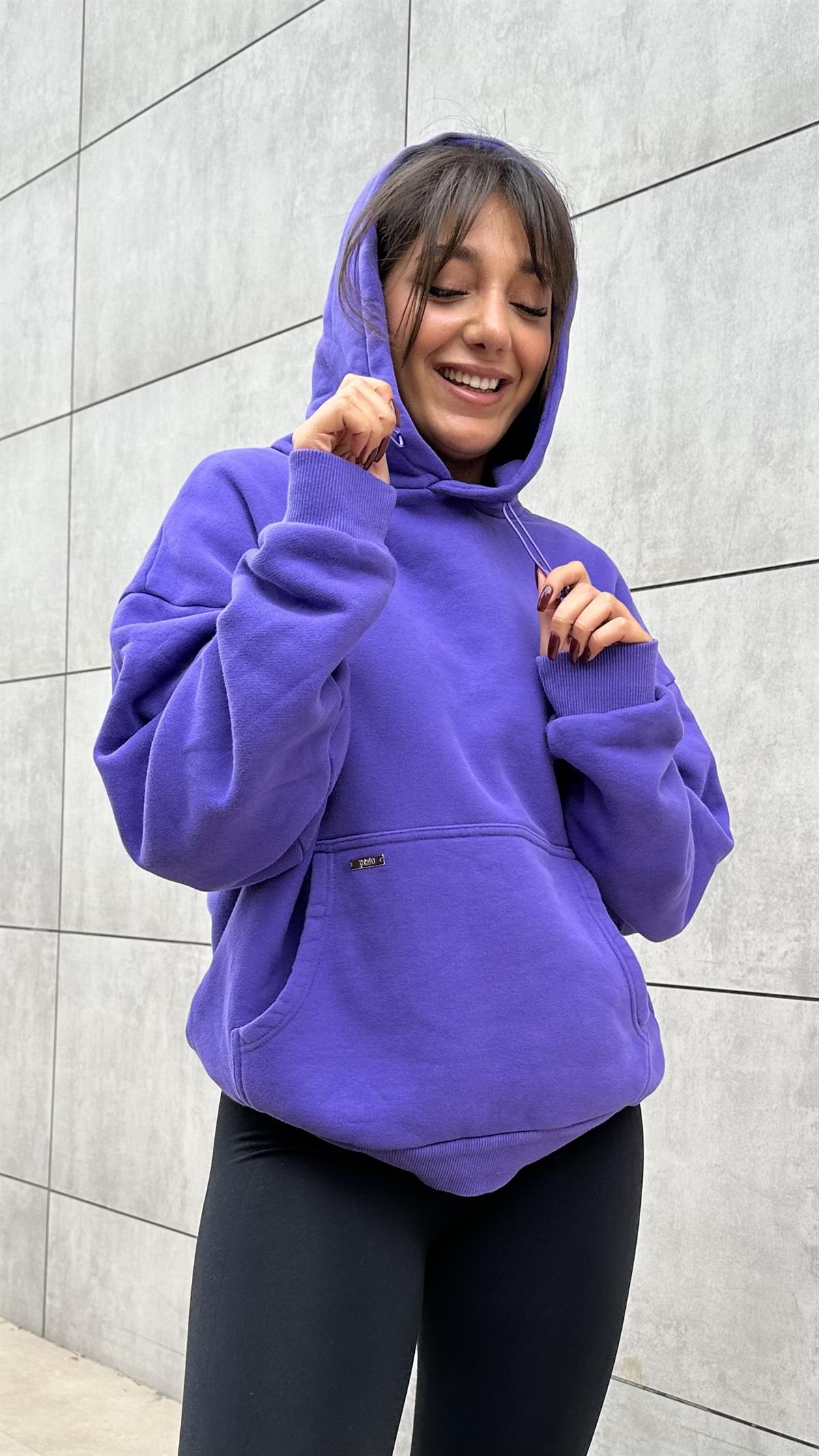 Oversize Kalın Organik Kumaş Mor Sweatshirt
