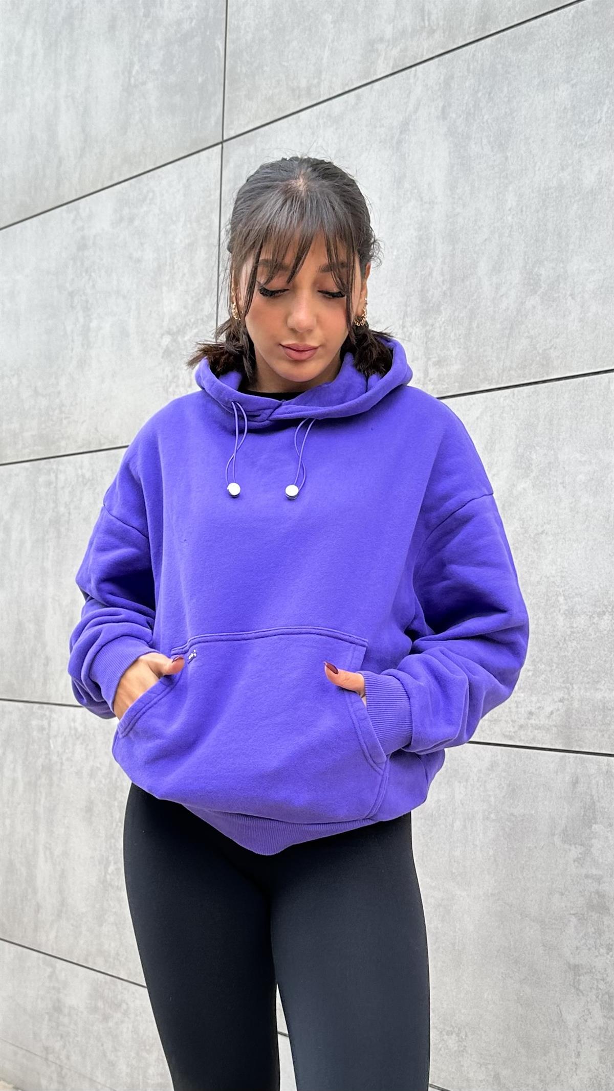 Oversize Kalın Organik Kumaş Mor Sweatshirt