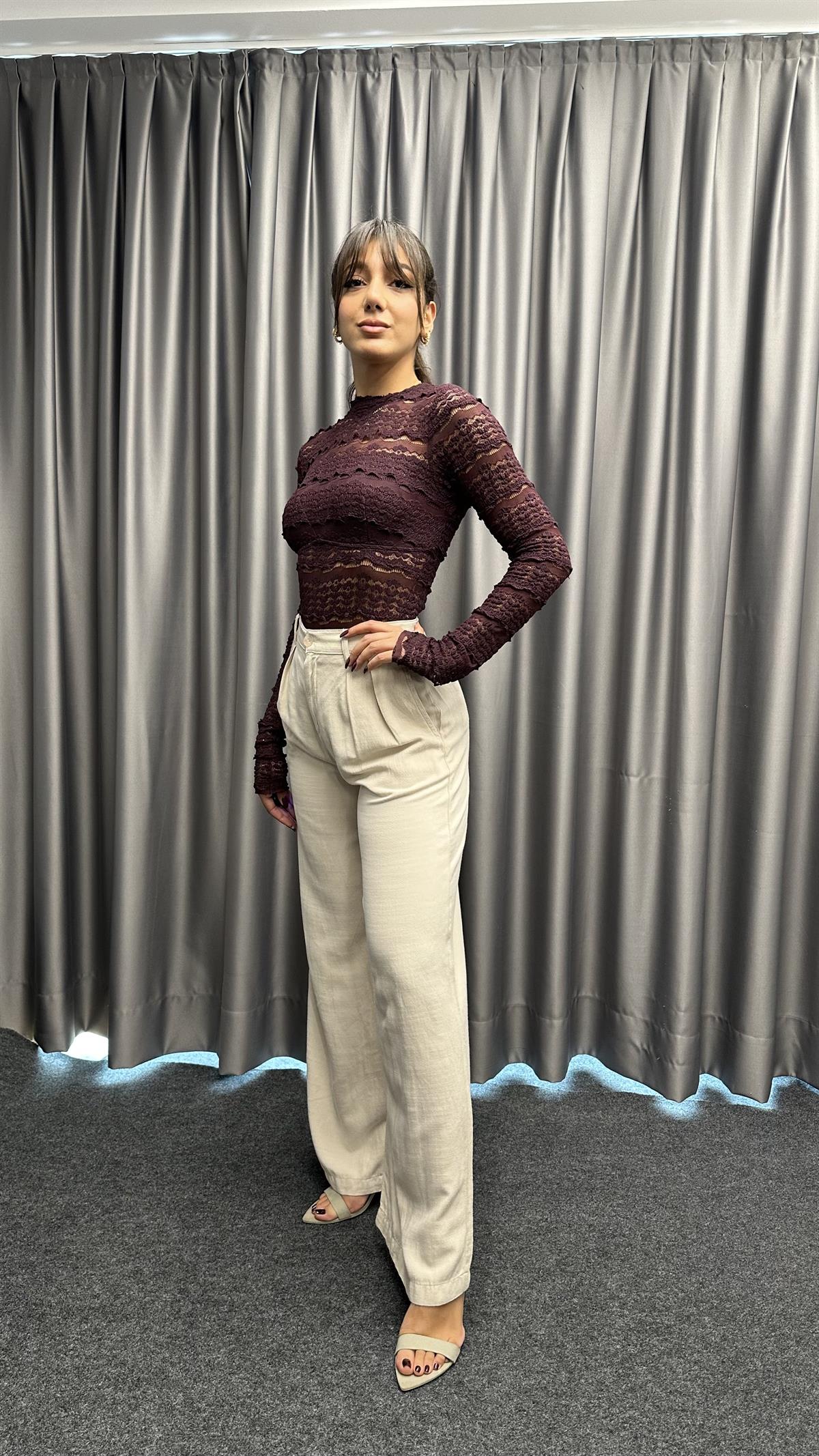 Pileli Palazzo Krem Renk Kumaş Pantolon